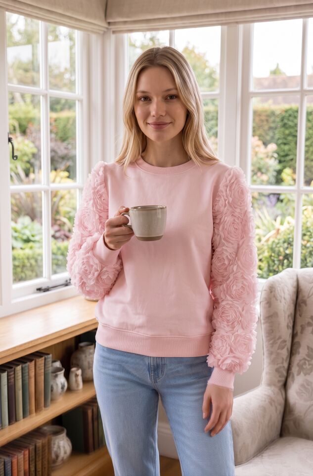 3D Gül Detaylı Kolları Olan Pembe Örme Sweatshirt