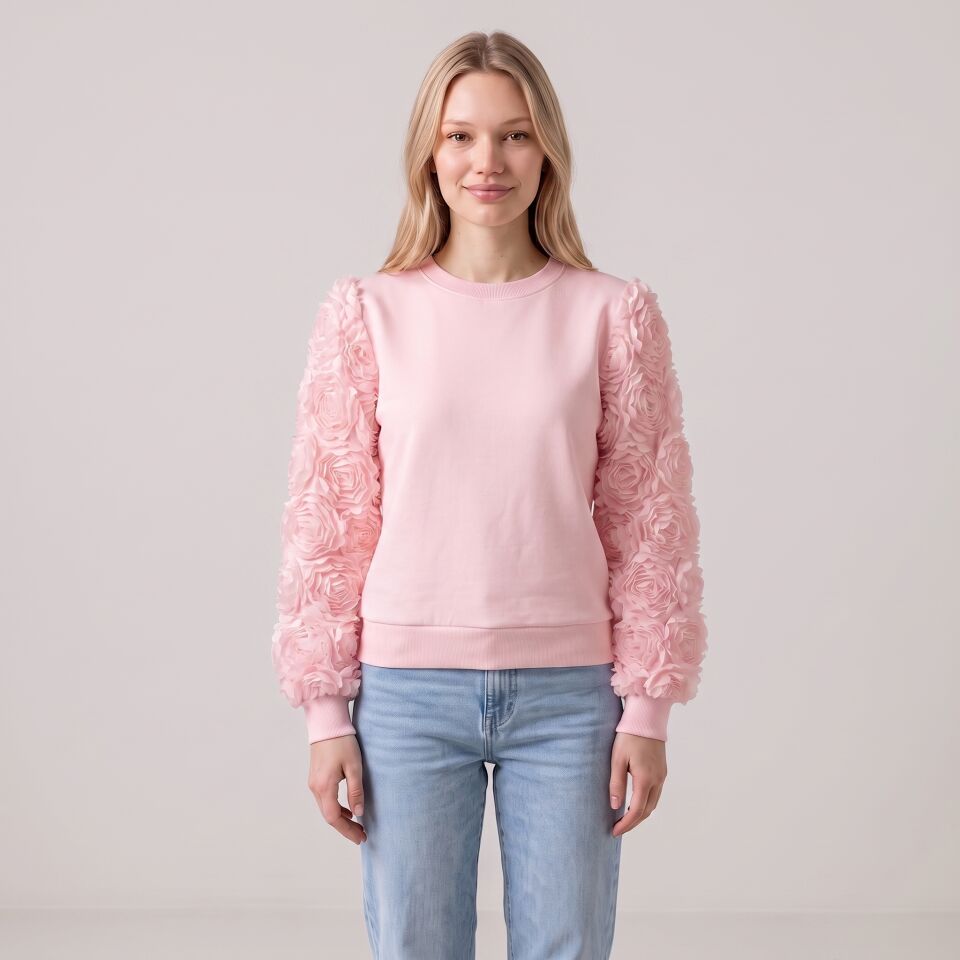 3D Gül Detaylı Kolları Olan Pembe Örme Sweatshirt