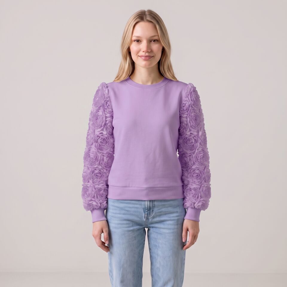 3D Gül Detaylı Kolları Olan Mor Örme Sweatshirt