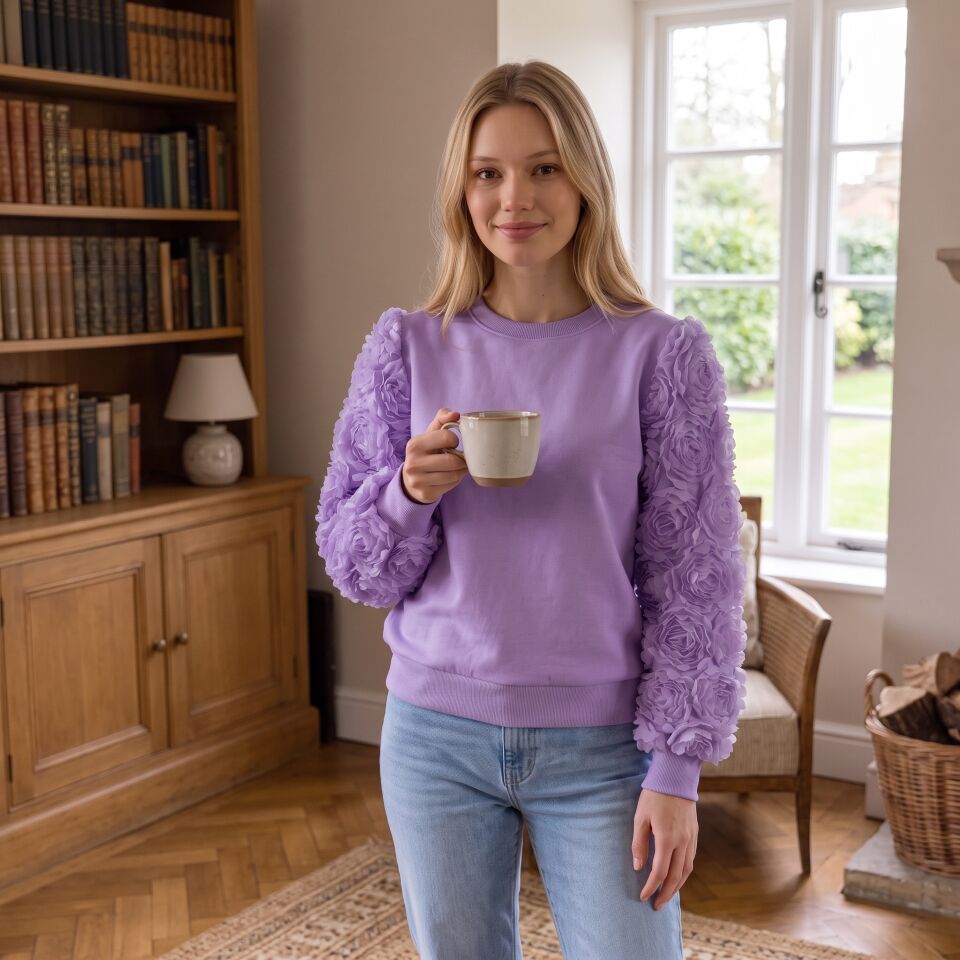 3D Gül Detaylı Kolları Olan Mor Örme Sweatshirt