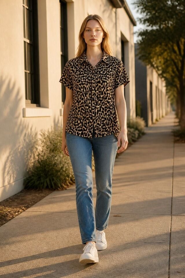 Leopar Desenli Oversize Pamuk Poplin Gömlek Bluz