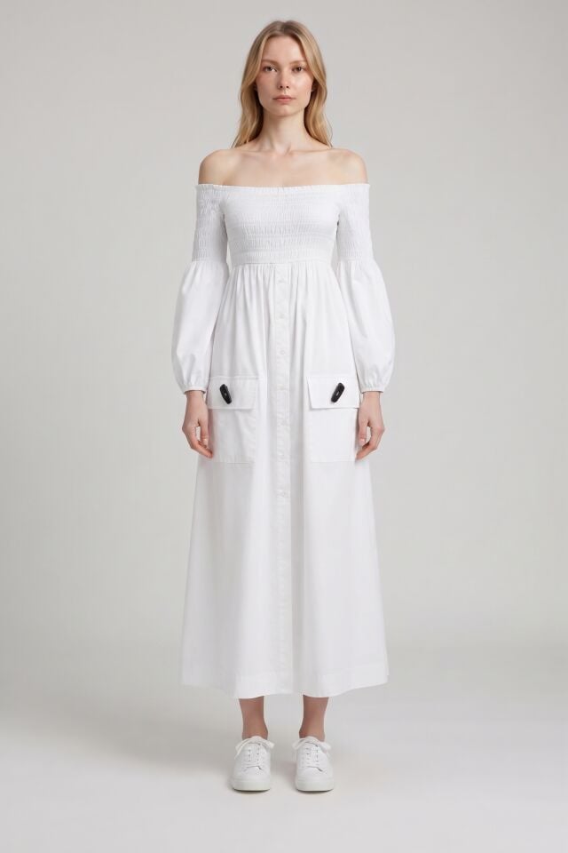 Beyaz Shirred Büzgülü Off-Shoulder Pamuk Poplin Midi Elbise