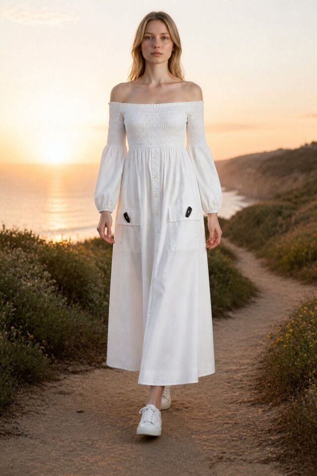 Beyaz Shirred Büzgülü Off-Shoulder Pamuk Poplin Midi Elbise