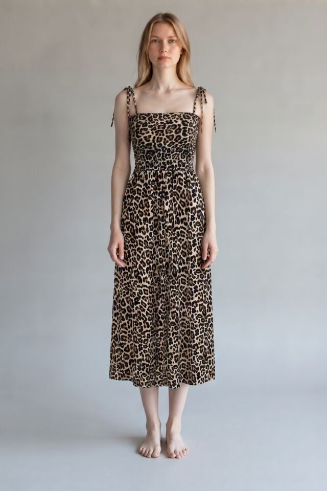 Bijou Leopar Desenli Büzgülü Askılı Pamuk Poplin Midi Elbise