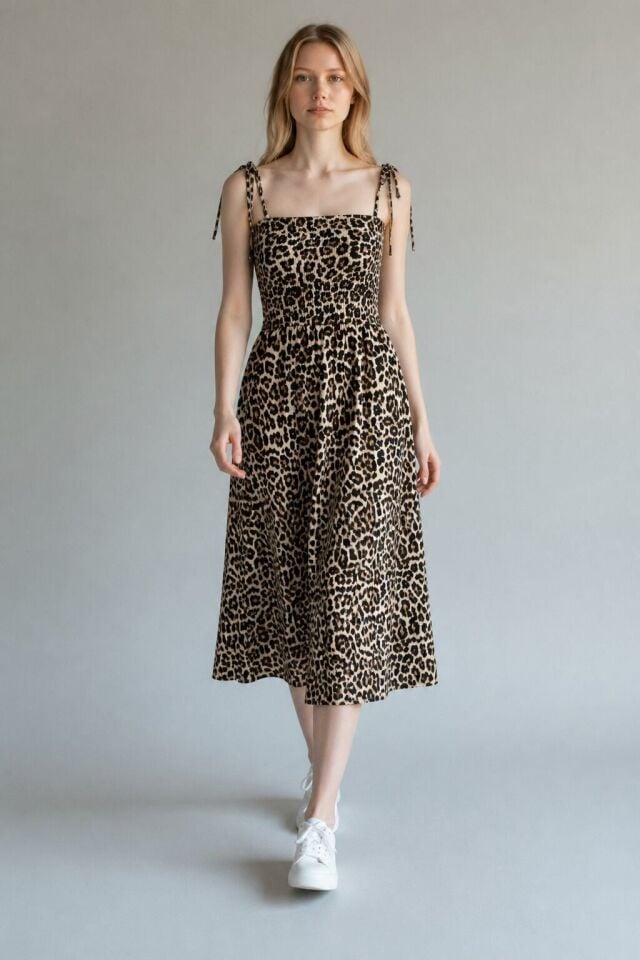 Bijou Leopar Desenli Büzgülü Askılı Pamuk Poplin Midi Elbise
